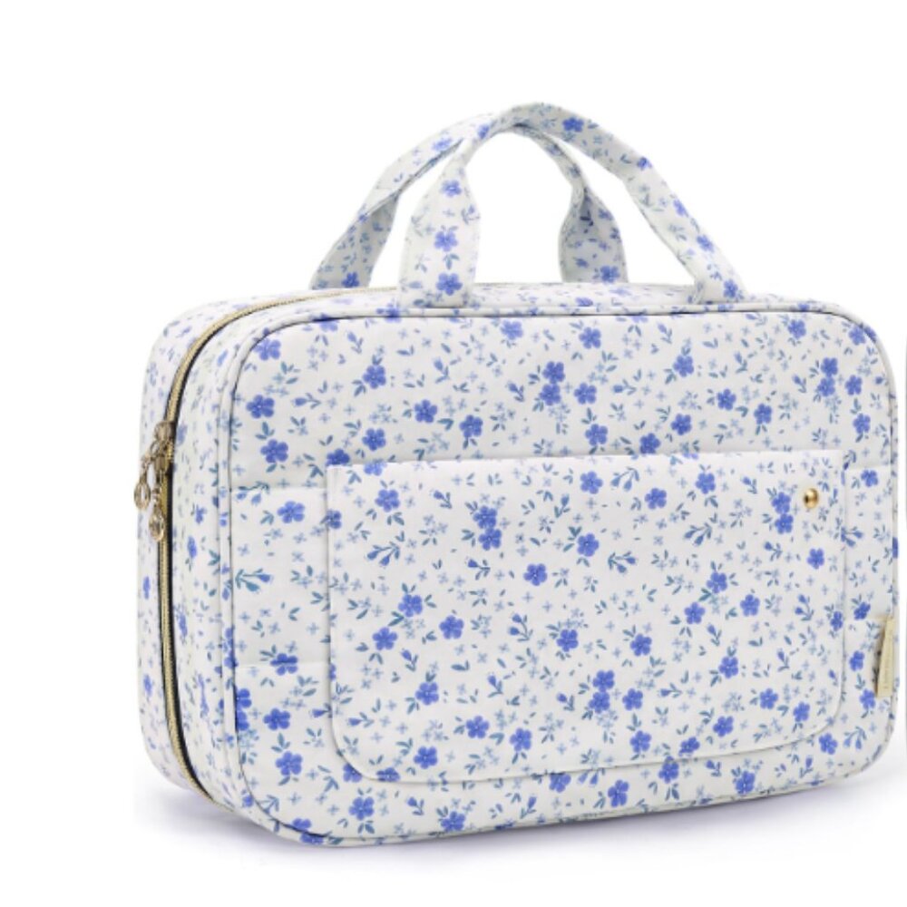 Cornflower Purple Flowers Large Travel Tote Bag Purse Cream Cosmetic Don't Leave